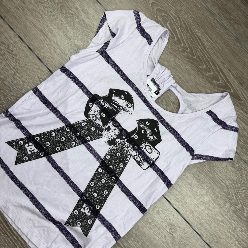 DC Shoes Womens T-Shirt You Wish Skull Bow Striped Cutout Back Lavender Large
